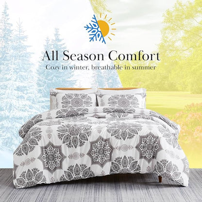 Southshore Fine Living, Inc. Oversized Comforter Full Size Set, Down Alternative Boho Bedding, Paisley Floral Print Bed Spread, Full Size/Queen with 2 Matching Shams, Grey on White