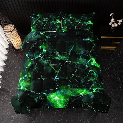 Green Comforter Set Twin Size，Green Marble Bedding Set 3 Pcs Bedding for Adults, Marble Room Decor with Comforter and 2 Pillowcases Soft and Lightweight B-Side Black