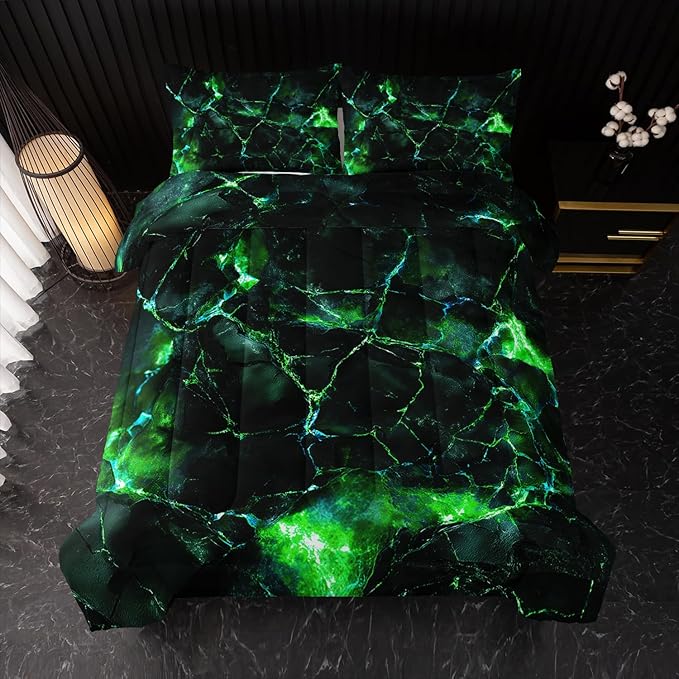 Green Comforter Set King Size，Green Marble Bedding Set 3 Pcs Bedding for Adults, Marble Room Decor with Comforter and 2 Pillowcases Soft and Lightweight B-Side Black