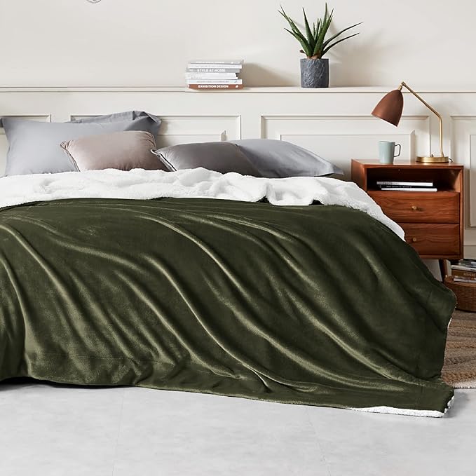 Bedsure GentleSoft Sherpa Fleece Blankets King Size for Bed - Thick and Warm Throw for Women and Men, Soft Fuzzy Plush King Blanket for Winter, Non-Heated, Olive Green, 108x90 Inches
