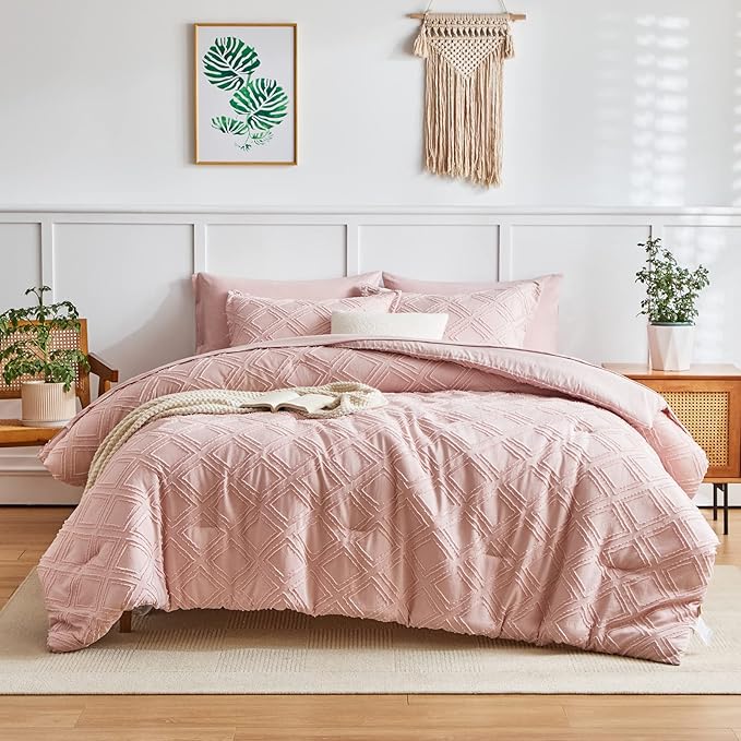 7 Pieces Tufted Bed in a Bag Queen Comforter Set with Sheets Blush Pink, Soft and Embroidery Shabby Chic Boho Bohemian, Luxury Solid with Diamond Pattern, Jacquard Tufts Bedding Set for All Season