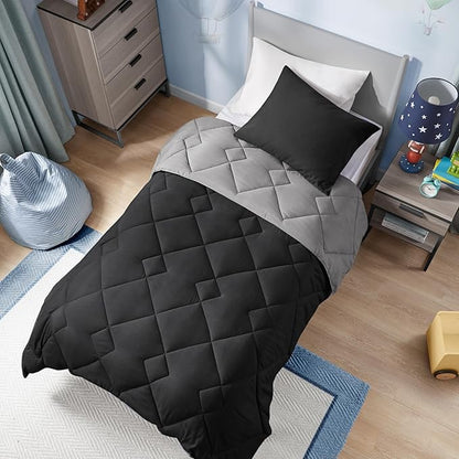 Comfort Spaces Vixie Reversible Comforter Set - Trendy Casual Geometric Quilted Cover, All Season Down Alternative Cozy Bedding, Matching Sham, Black/Gray, Twin/Twin XL 2 piece