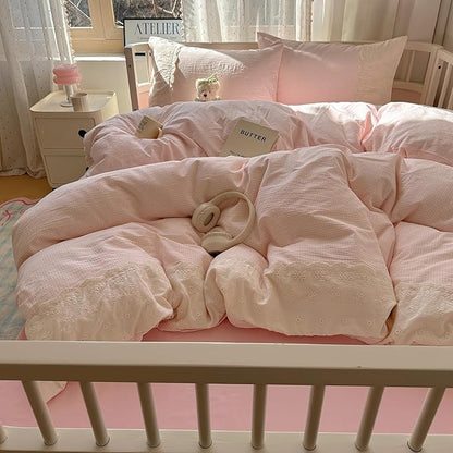 mixinni Light Pink Gingham Comforter Set Twin XL - 3 Piece Soft Washed Microfiber Plaid Bedding Set with Lace Trim, All Seasons Fluffy Comforter & Pillowcases, Farmhouse French Country Aesthetic
