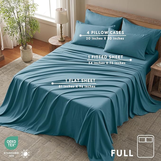 Full Size Bed Sheets - 6 Piece Soft Microfiber and Wrinkle Free Sheets - Easy Care, Extra Soft, Cooling Sheets - 1 Deep Pocket Fitted Sheet 1 Flat Sheet and 4 Pillowcases (Full Denim Blue)