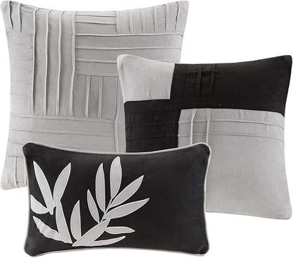 Madison Park Cozy Comforter Set Casual Blocks Design All Season, Matching Bed Skirt, Decorative Pillows, Full(82"x90"), Dune Suede, Black Grey, 7 Piece