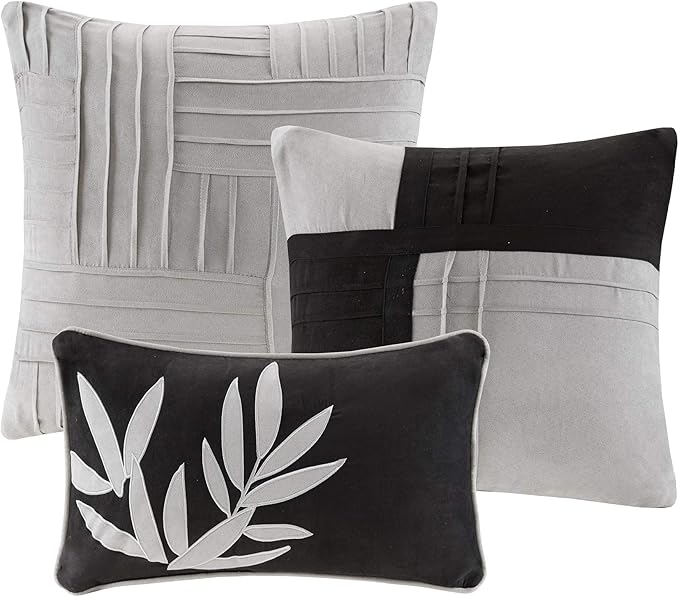 Madison Park Cozy Comforter Set Casual Blocks Design All Season, Matching Bed Skirt, Decorative Pillows, Cal King(104"x92"), Dune Suede, Black Grey, 7 Piece