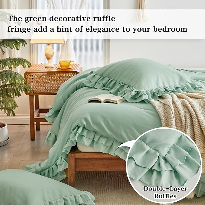 Green Ruffled Comforter Set Twin Size, 3 Pieces (1 Ruffled Comforter and 2 Pillowcases) Farmhouse Shabby Chic Style with 2 Layers Ruffle, Solid Color Lightweight Soft Fluffy Bedding Sets for Kids