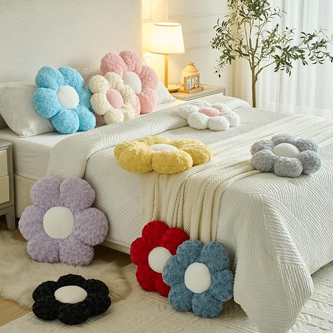 Flower Pillows, Decorative Throw Pillow with Soft Plush for Couch, Flower Shaped Pillow Home Decor Daisy Pillow for Bed (Red, 14.9 Inches)