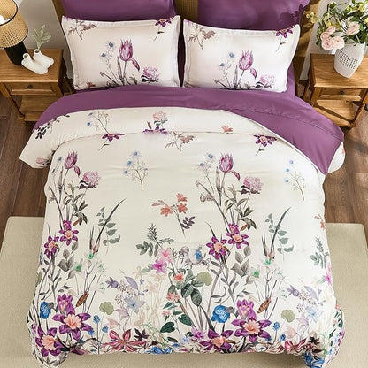 WONGS BEDDING Queen Comforter Set 7 Piece, Purple Floral Bed in a Bag Bedding Set with Botanical Flowers Patterns, Soft Lightweight Complete Comforters with Sheets for All Season