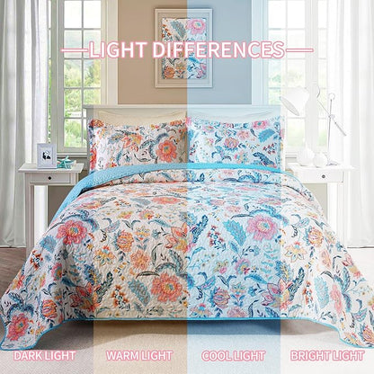 BEDIFANY Garden Cotton Filling King Size Quilt Set - Lightweight Bedspreads King Size (98 x 106 inch) with Colorful Floral Pattern - Farmhouse King Quilt Bedding Sets for Bed Coverlet, 3 Pieces