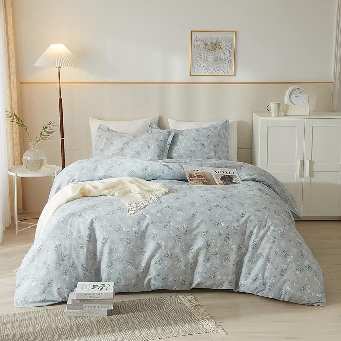mixinni 3pcs Boho Floral Comforter Set Full Size, Botanical Blue Flowers Leaves Cute Bedding Comforter Sets for Women, 1 Soft Garden Style Comforter and 2 Pillowcases for All Seasons