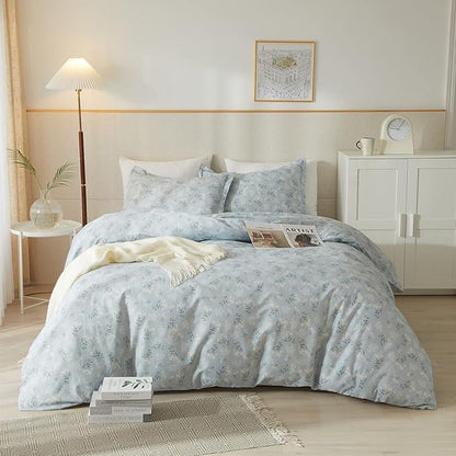 mixinni 3pcs Boho Floral Comforter Set Queen Size, Botanical Blue Flowers Leaves Cute Bedding Comforter Sets for Women, 1 Soft Garden Style Comforter and 2 Pillowcases for All Seasons