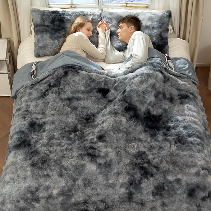 Faux Fur Heated Blanket Queen Size 84"X90" - Bubble Faux Fur Electric Blanket Fluffy Soft Fuzzy with 6 Fast Heating Levels & 10 hrs Timer Settings, Washable & ETL Certified for Bed, Tie-Dye Blue
