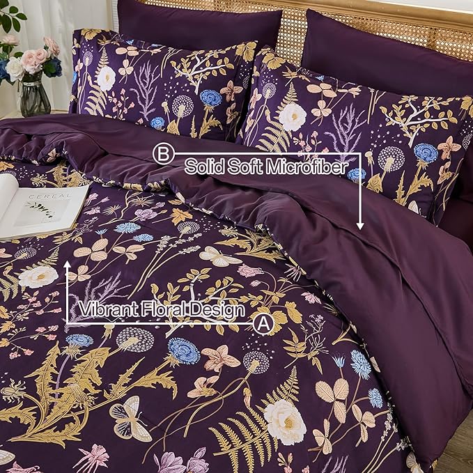 Yiran Purple Floral Comforter Set Queen Size, 7 Piece Botanical Comforter Bedding Set, Farmhouse Bed in a Bag, Soft Microfiber Complete Bedding Set with Sheets for All Season