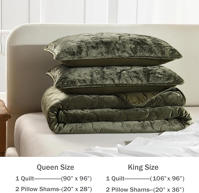 Homzard Luxury Velvet Quilt Set King Size Bedding, Olive Green Comforter Set, Ultra-Soft Channel Stitch All Season, Lightweight Bedspread Coverlet with 2 Pillow Shams