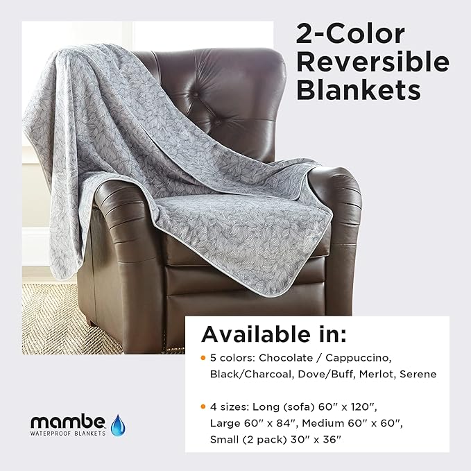 Mambe Silky Waterproof Throw for Protecting Furniture Bed Couch from Stains Caused by Dogs, Cats, Incontinence. Soft, Washable, Reversible. (Size Large 70x90 inches, Color Serene)