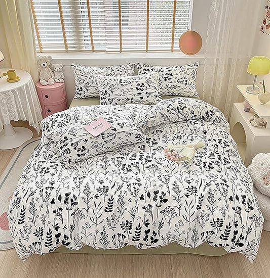 KAREVER Botanical Comforter Set Cal King White Black Floral Plant Bedding Comforter Girls Garden Pattern Printed White Blanket Rustic Leaf Blossom Women White Farmhouse Comforter California King