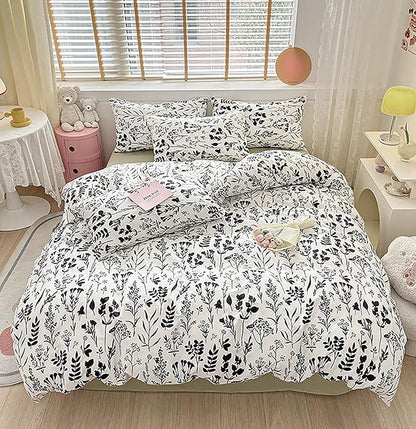 KAREVER Black Botanical Comforter Set Twin White Black Floral Plant Bedding Comforter Set Girls Garden Pattern Printed on White Blanket Rustic Leaf Blossom Women White Farmhouse Comforter Twin