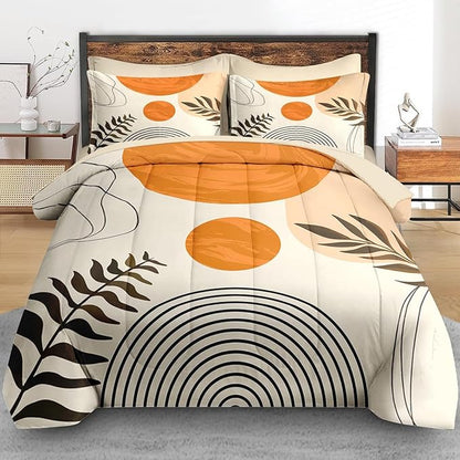 Comforter Set King Size, Mid Century Boho Orange 7 Pcs Bedding for Kids and Adults, Geometric Bed Sheet Sets with Fitted Sheet 2 Pillowcases & 2 Shams for Bedroom Bed Decor
