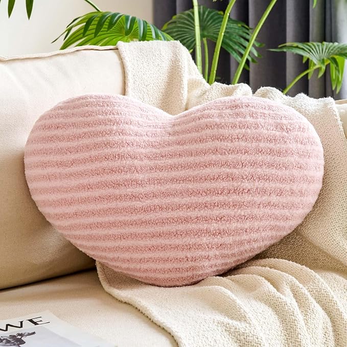 Dusty Pink Heart Pillows, 15.7" Cute Heart Decorative Pillow, Stripe Heart Shaped Plush Throw Pillows for Bed