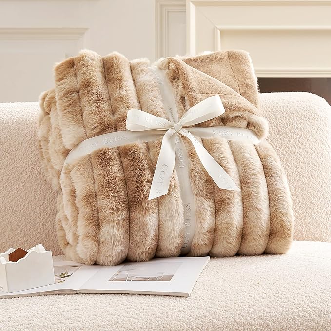 Cozy Bliss Faux Fur Throw Blanket for Couch, Cozy Warm Plush Striped Blanket for Sofa Bedroom Living Room, 50 * 60 Inches Tie-dye Khaki
