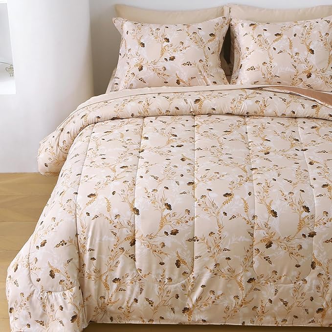 Floral Queen Comforter Set with Sheets, 7 Piece Luxury Vintage Bedding, Soft Microfiber Bed in a Bag, Cozy Lightweight Bed Set, Beige Flower Botanical