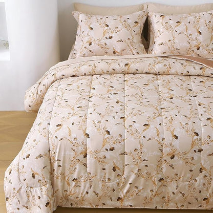 Floral Queen Comforter Set with Sheets, 7 Piece Luxury Vintage Bedding, Soft Microfiber Bed in a Bag, Cozy Lightweight Bed Set, Beige Flower Botanical