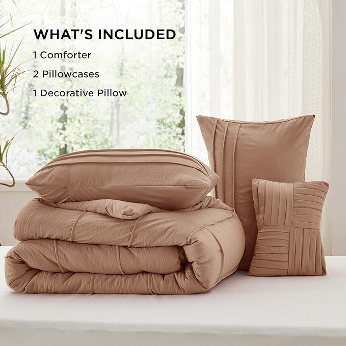 Bedsure Queen Comforter Set - 4 Pieces Pinch Pleat Bed Set, Taupe Boho Bedding for All Season, 1 Soft Comforter, 2 Pillowcases, 1 Decorative Pillow