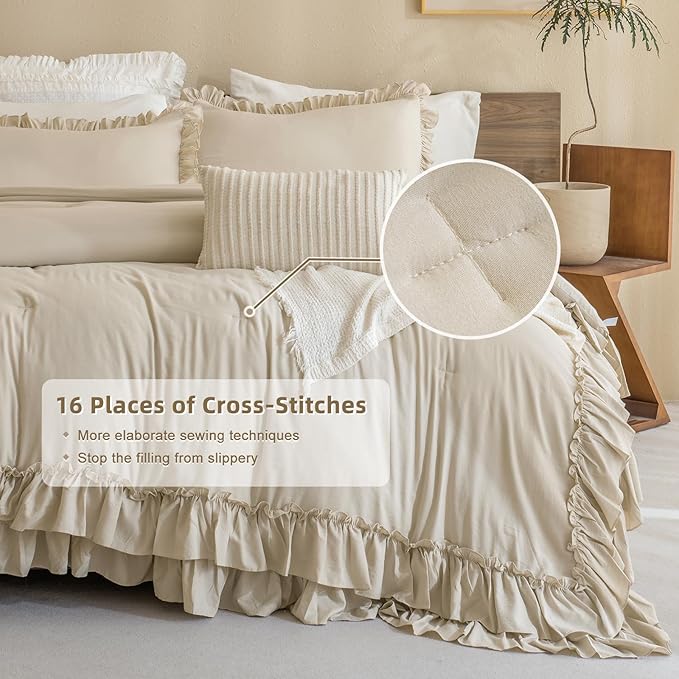 Masaca Twin Comforter with Ruffles,Shabby Boho Chic Ruffle Comforter Set Farmhouse Twin XL Bedding Sets,3pcs Vintage Aesthetic Kids Rustic Bedding Sets for Girls