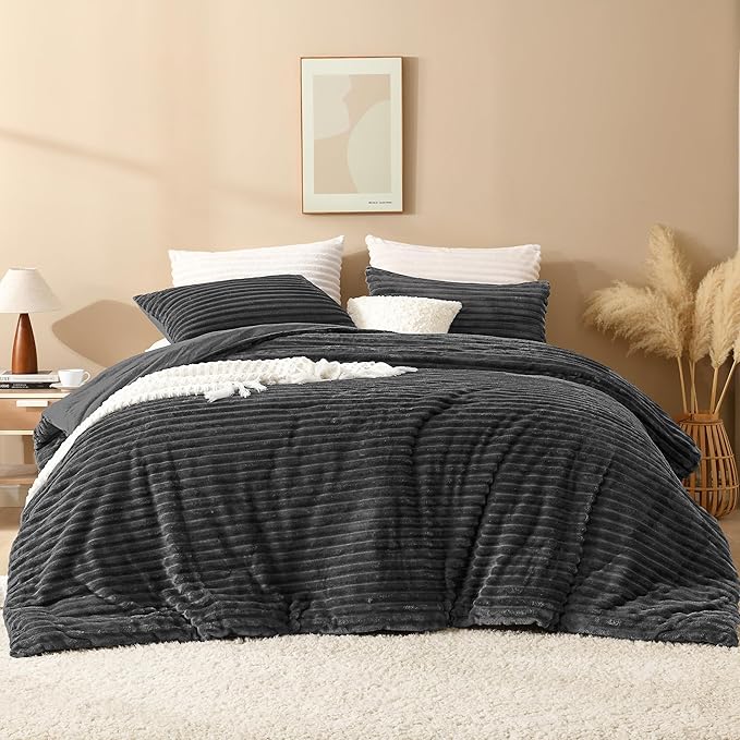 Andency Dark Grey Full Comforter Set, 3 Pieces Fleece Comforter Set for Full Size Bed, Soft Warm Fluffy Fuzzy Gray Bedding Set for Winter (1 Comforter & 2 Pillowcases)