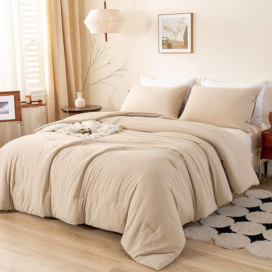 Ultra-Soft Beige Comforter Set Queen - Comfy Cozy Washed Polycotton - Comfort Fluffy Bedding Blanket Down Alternative Comforter Set with Pillowcase - Lightweight but Warm All Season - Khaki