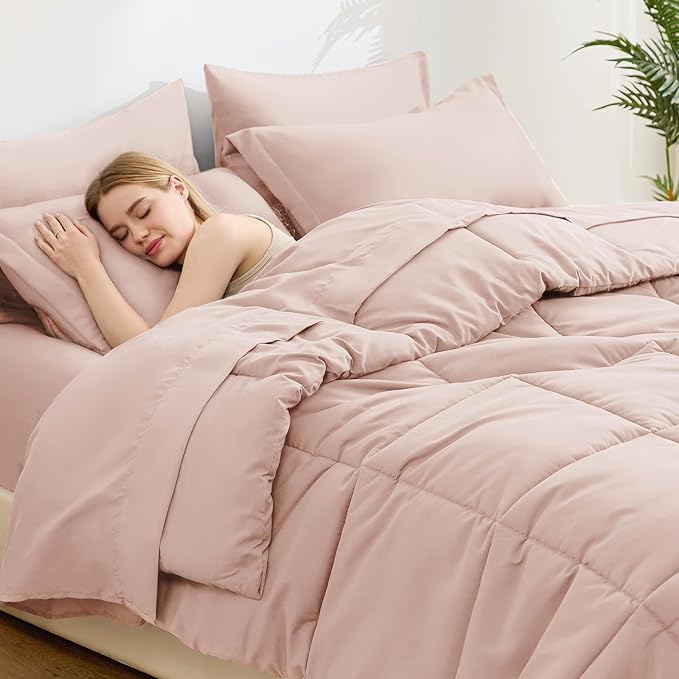 Love's cabin California King Comforter Set Blush Pink, 7 Pieces California King Bed in a Bag, All Season Bedding Sets with 1 Comforter, 1 Flat Sheet, 1 Fitted Sheet, 2 Pillowcase and 2 Pillow Sham