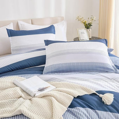 Litanika Mineral Blue Comforter Set Super King - 3 Pieces Lightweight Mineral Blue White Colorblock Stripe Fluffy Bedding Comforter Sets, All Season Bed Set