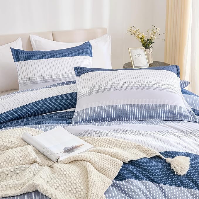 Litanika Mineral Blue Comforter Set Oversized King - 3 Pieces Lightweight Mineral Blue White Colorblock Stripe Fluffy Bedding Comforter Sets, All Season Bed Set