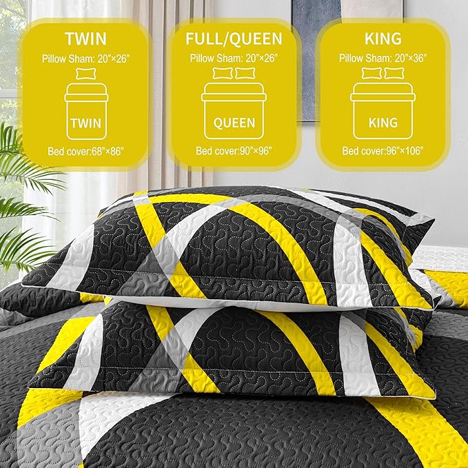 weesire Black and Yellow Bedding Quilt Queen Size with 2 Shams, Modern Stripe Comforter Sets Classic Line Pattern Bedspreads Grey and Yellow Coverlet, 90''x96''