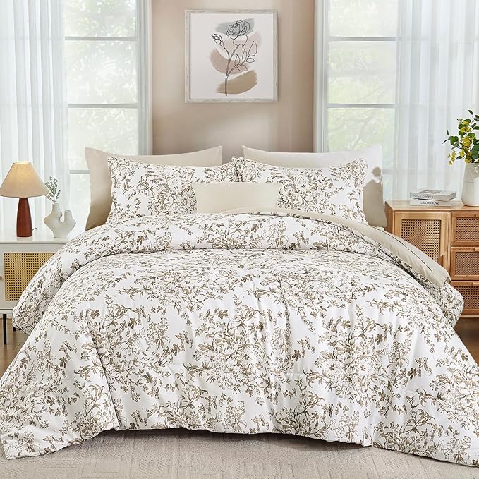 WONGS BEDDING Comforter Set King Size, 8 Pieces Brown Floral Botanical Comforter Sets, Bed in a Bag Soft Lightweight Microfiber Bedding Sets for All Seasons (90"x104")