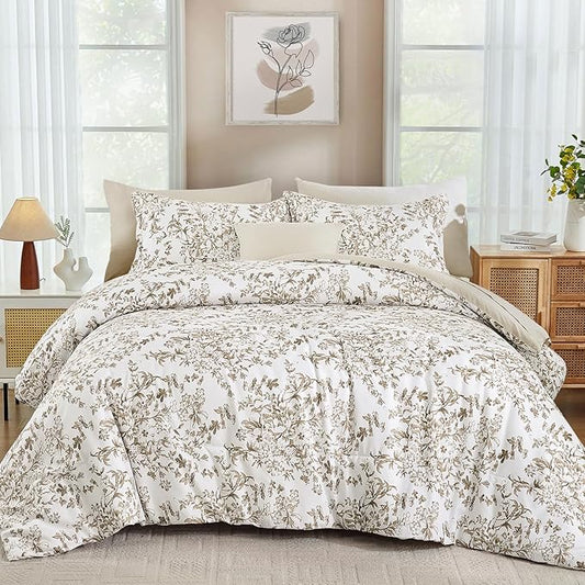 WONGS BEDDING Comforter Set King Size, 8 Pieces Brown Floral Botanical Comforter Sets, Bed in a Bag Soft Lightweight Microfiber Bedding Sets for All Seasons (90"x104")