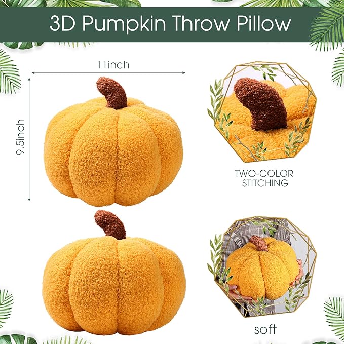Queekay 2 Pcs Pumpkin Pillow Plush 11 x 9.5 Inch Thanksgiving Stuffed Pumpkin Decor for Fall Home Bedroom Throw Pillow Cushion Gifts for Holiday Operation Christmas Halloween Car Sofa(Ginger)