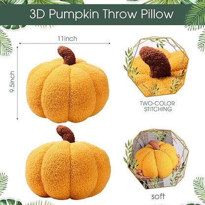 Queekay 2 Pcs Pumpkin Pillow Plush 11 x 9.5 Inch Thanksgiving Stuffed Pumpkin Decor for Fall Home Bedroom Throw Pillow Cushion Gifts for Holiday Operation Christmas Halloween Car Sofa(Ginger)