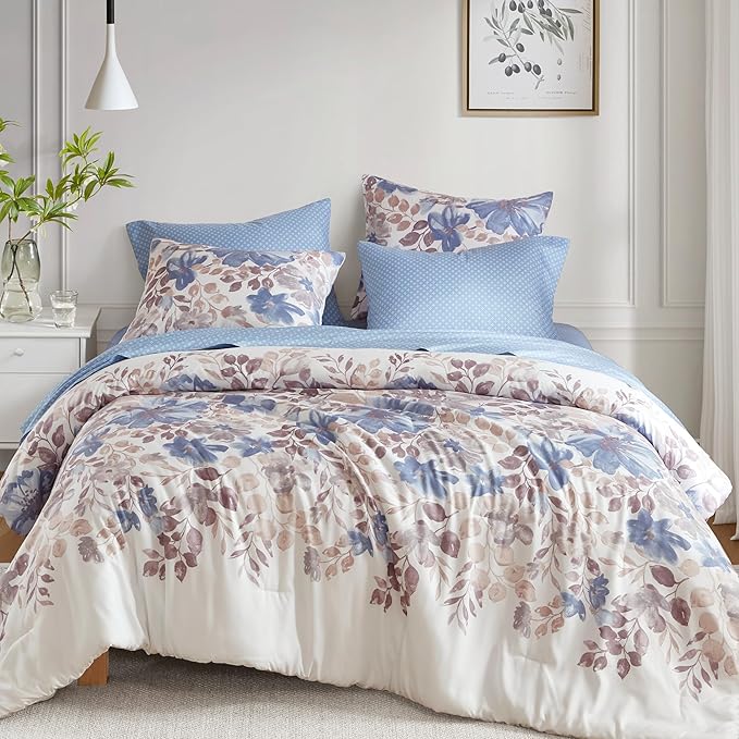Madison Park Essentials Queen Comforter Set with Sheets, Floral Bed in A Bag Microfiber Comforter for Queen-Size Bed, Shabby Chic Queen Bedding Set Diamond Printed Sheet, Luna, Queen, Blue 7 Piece