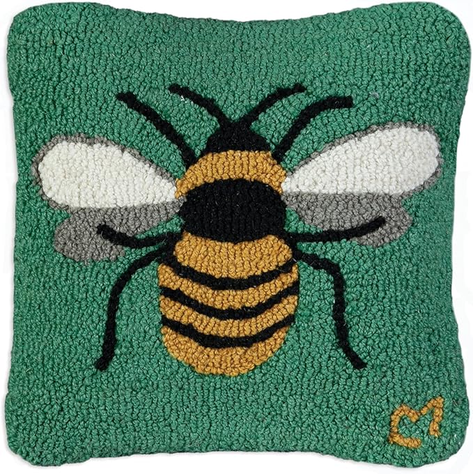 Chandler 4 Corners Artist-Designed Honey Bee Hand-Hooked Wool Decorative Throw Pillow (14 in x 14 in) Farm & Garden Pillow for Couches & Beds - Low Maintenance Nature Bumble Bee, Honey Bee Home Décor