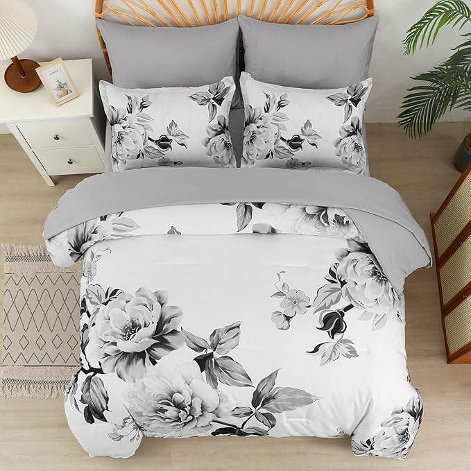 Drucon Grey Floral Comforter Set Queen 7 Pieces Bed in a Bag Botanical Floral Comforter Soft Microfiber Grey Bedding Set Queen Size Bed with Sheet and Pillowcase