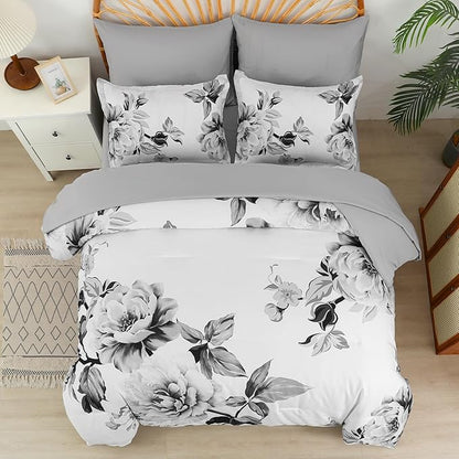 Drucon Grey Floral Comforter Set King 7 Pieces Bed in a Bag Botanical Floral Comforter Soft Microfiber Grey Bedding Set King Size Bed with Sheet and Pillowcase
