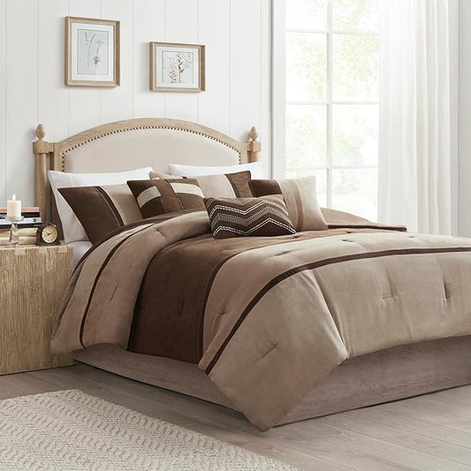 Madison Park Palisades Comforter Set Modern Faux Suede Pieced Stripe Design, All Season Down Alternative Cozy Bedding with Matching Shams, Decorative Pillows, Queen(90"x90"), Brown 7 Piece