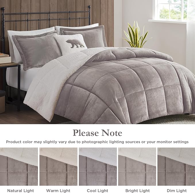 Woolrich Reversible Comforter Set Ultra Soft Plush to Sherpa, Down Alternative, Cold Weather Winter Warm Bedding, with Matching Sham, Decorative Pillow Grey/Ivory King 3 Piece