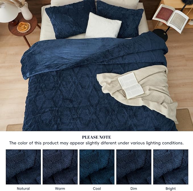 PHF Warm Sherpa Fleece King Comforter Set, 3D Tufted Fluffy Navy Blue Bedding for Winter, Soft 2 Pieces Shaggy Bed Set, 1 Comforter (104"x90") and 2 Pillowcases (20"x36")
