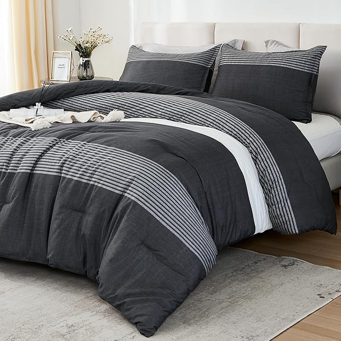Litanika California King Comforter Set Black White Grey - 3 Pieces Cal King Oversized Lightweight Colorblock Stripe Bedding Set (104x96In, 2 Pillowcases)