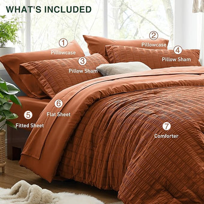 Love's cabin Seersucker Terracotta King Size Comforter Set, 7-Piece All Season Lightweight Bed in a Bag Bedding Set with Comforter, Flat Sheet, Fitted Sheet, Pillowcases and Shams | Soft, Breathable, Lightweight