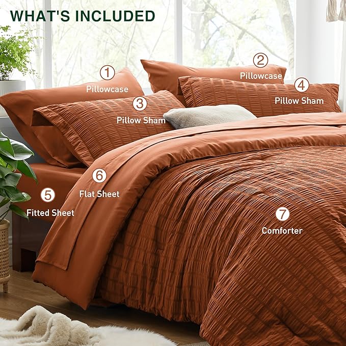Love's cabin Seersucker Terracotta California King Comforter Set, 7-Piece All Season Lightweight Bed in a Bag Bedding Set with Comforter, Flat Sheet, Fitted Sheet, Pillowcases and Shams | Soft, Breathable, Lightweight