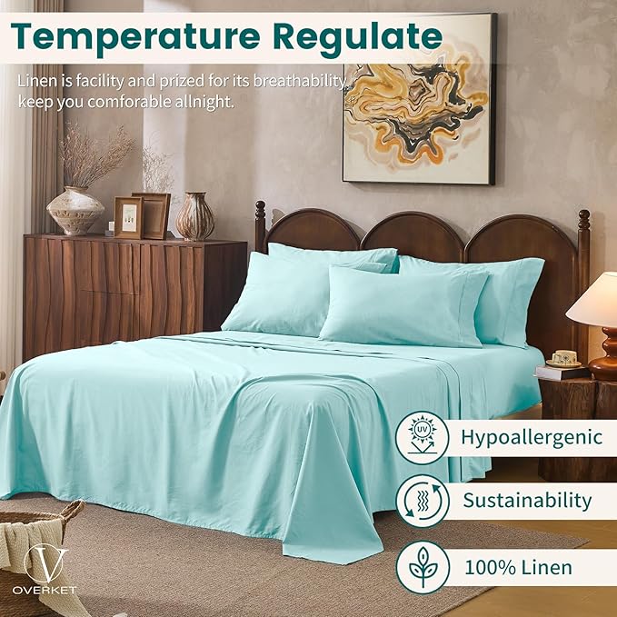 100% Linen Sheets California King Size,Breathable & Durable 4-Piece Bed Flax Sheet Set,Soft All-Season Bedding for Hot Sleepers 16" Deep Pocket Oeko-TEX Certified,（Cal King, Light Blue）
